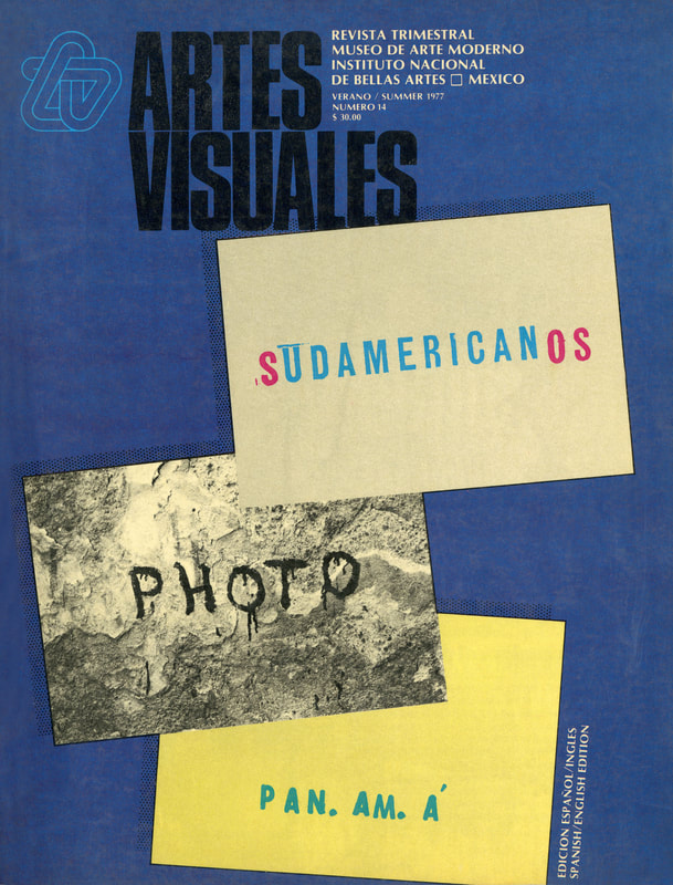 Cover of the fourteenth issue of Artes Visuales, picturing three overlapping cards (one saying sudamericanos, another saying photo, and the third saying Pan.am.a) on a blue background.