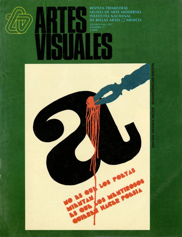Cover of the fifteenth issue of Artes Visuales, picturing the letter a with a fountain ink pen dripping red ink.