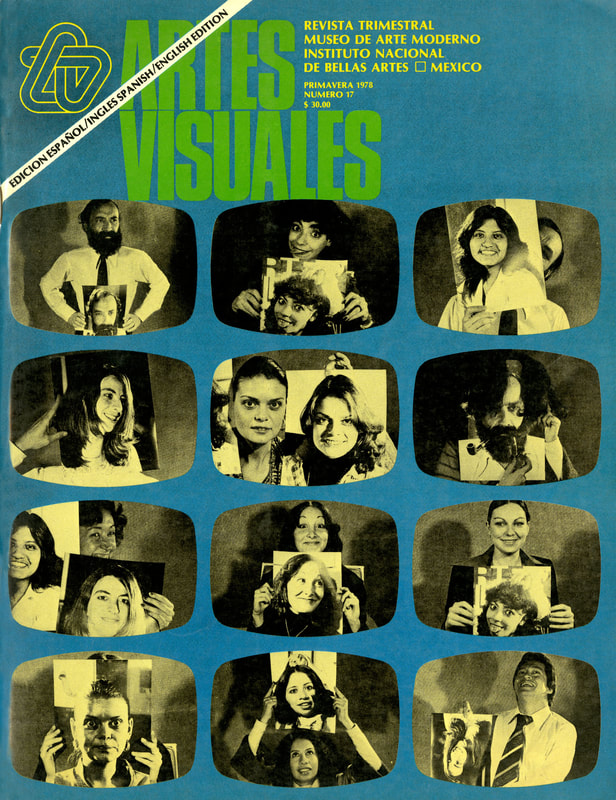 Cover of the seventeenth issue of Artes Visuales, picturing four rows of photos of Artes Visuales staff holding portraits of themselves.