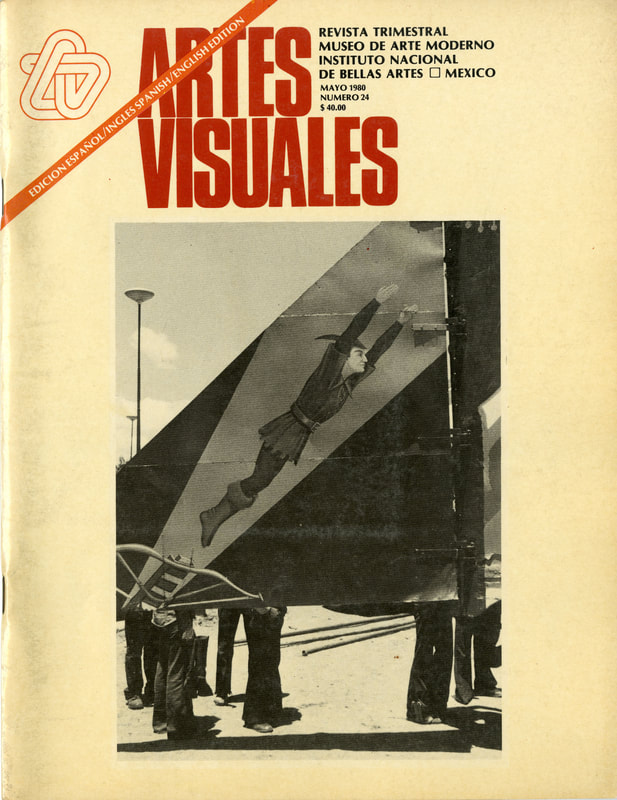 Cover of the twenty-fourth issue of Artes Visuales, picturing a black-and-white photo of men standing behind a painting of Peter Pan.