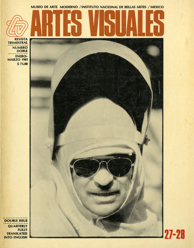Cover of the twenty-seventh and twenty-eighth double issue of Artes Visuales, picturing a man with a welding helmet and sunglasses.