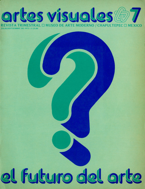 Cover of the seventh issue of Artes Visuales, which is a light teal with a giant blue question mark in the center.
